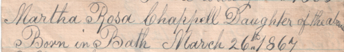 Clipping of Martha Rosa Chappell's birth record from Chappell Family record