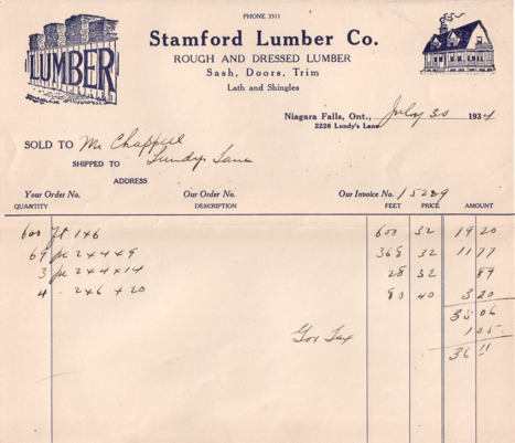 Stamford Lumber Company receipt 1934