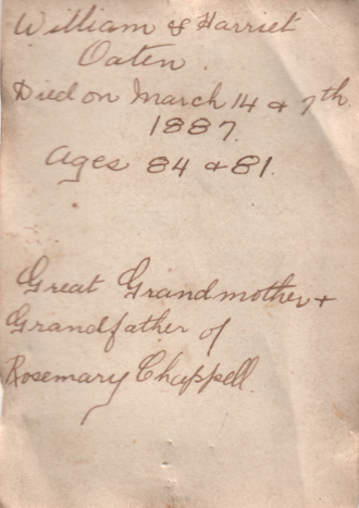 Information on reverse of portrait of William and Harriet (Bolt) Oaten